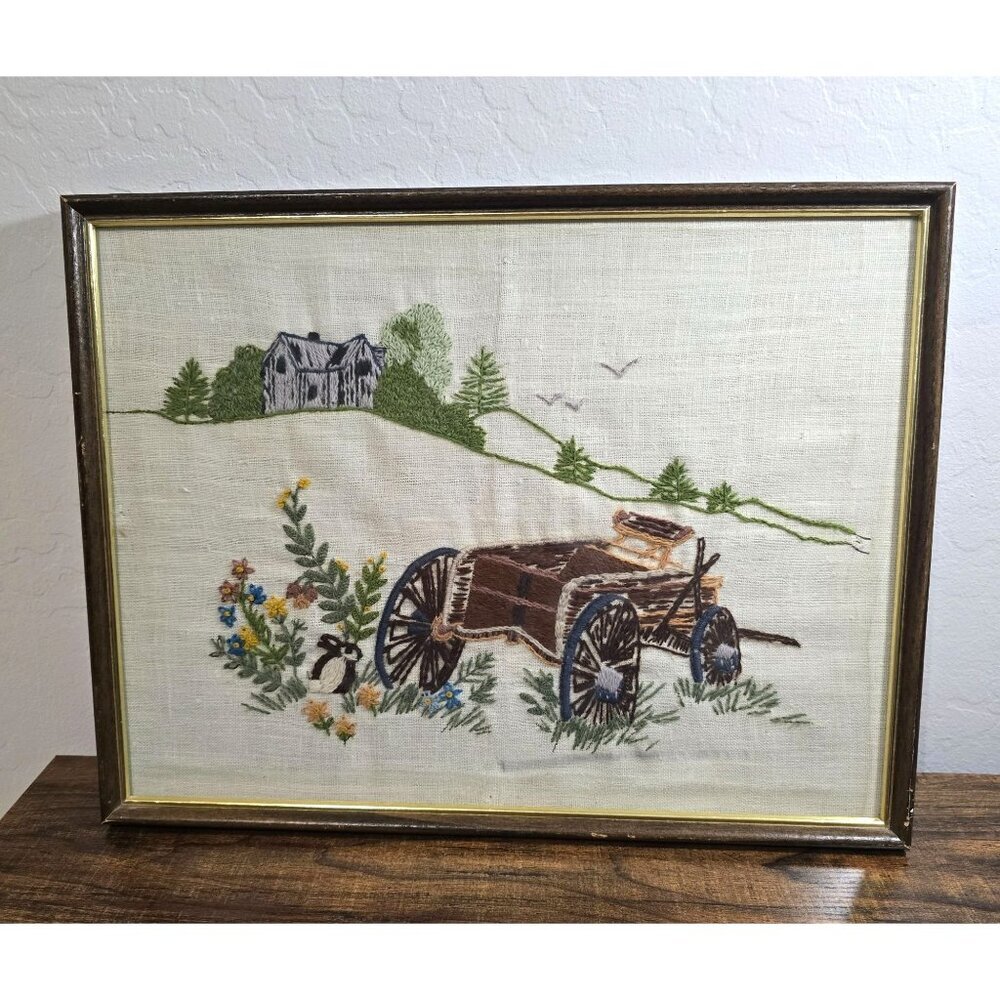 Vintage Framed Crewel #313 Old Wagon Wheel Farmhouse Landscape 17"x13" Rustic